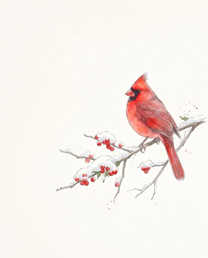 Watercolor Red Cardinal on Snowy Branch