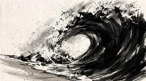 Black Ink Brush Drawing of Ocean Wave