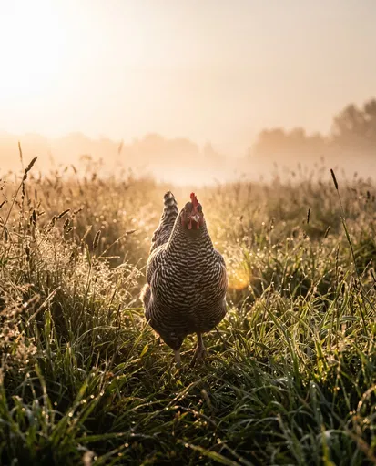 Barred Rock Hen in Sunrise Meadow