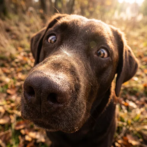 Cross-Eyed Chocolate Labrador With Dandelion Seed