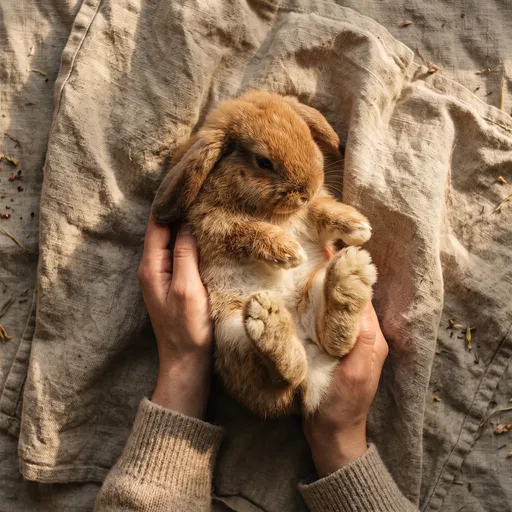 Hands Cradling Cinnamon Lop Bunny on Linen