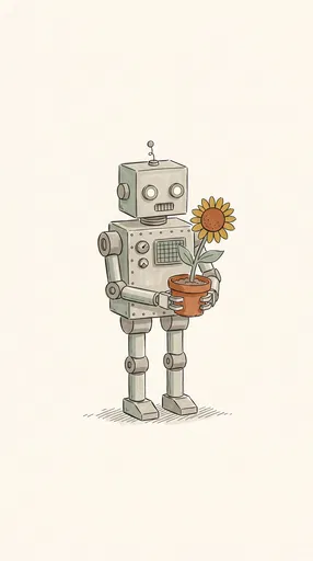 Retro Robot Holding Potted Sunflower Illustration