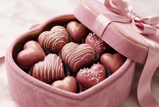 Pink Velvet Box with Heart Chocolates