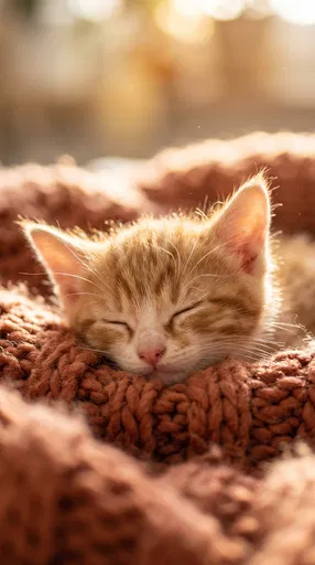 Sleeping Ginger Kitten on Knitted Blanket