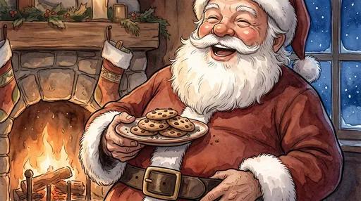 Watercolor Illustration of Laughing Santa with Cookies