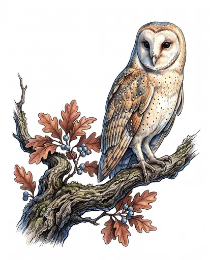 Barn Owl on Autumn Branch Illustration