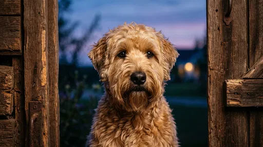 Golden Whoodle Portrait in Barn Doorway
