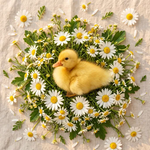 Fluffy Yellow Duckling in Daisy Wreath