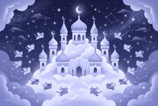 Whimsical Periwinkle Cloud Castle With Winged Kittens