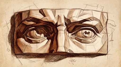 Sepia Planar Study Drawing of Sculptural Eyes