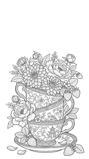 Chinoiserie Teacups and Flowers Coloring Page