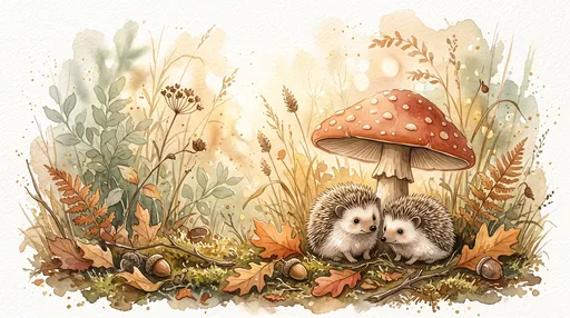 Watercolor Hedgehogs Under Autumn Toadstool