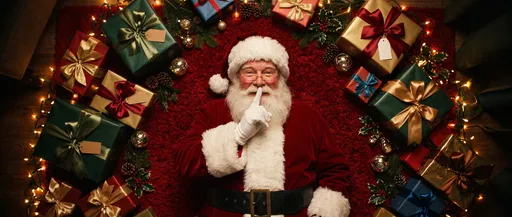 Overhead Portrait of Santa Shushing Among Gifts