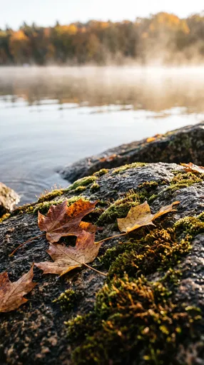 Autumn Maple Leaves on Mossy Lakeside Rock