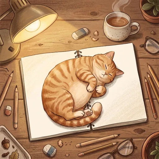 Orange Tabby Cat Sleeping on Sketchbook