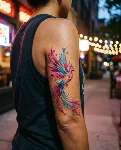 Vibrant Watercolor Phoenix Tattoo on Upper Arm