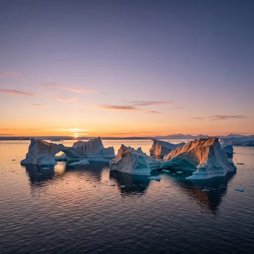 Arctic Icebergs Drifting at Sunset