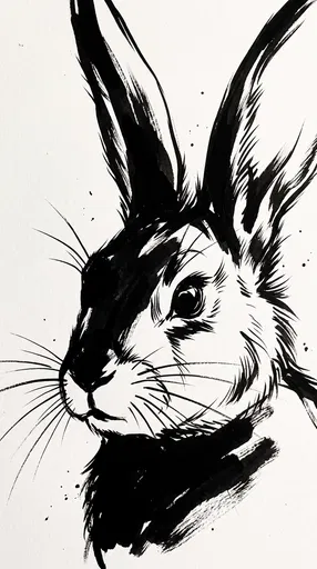 Black Ink Brush Drawing of Rabbit