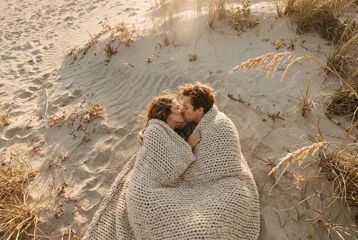 Couple Kissing in Blanket on Beach