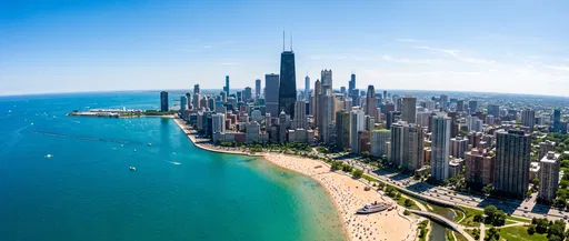 Aerial Panorama of Chicago Skyline and Beach
