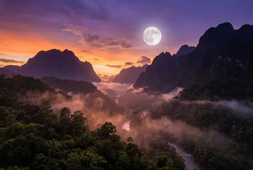 Full Moon Over Misty Tropical Mountain Valley
