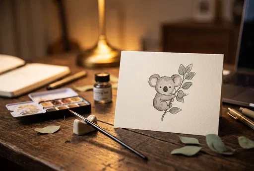 Watercolor Koala Card on Artist Desk
