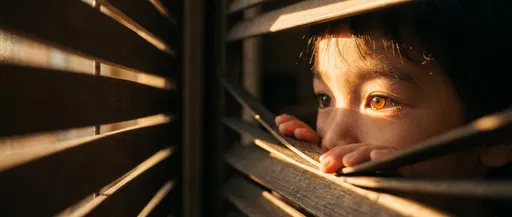 Child Peeking Through Wooden Blinds in Sunlight