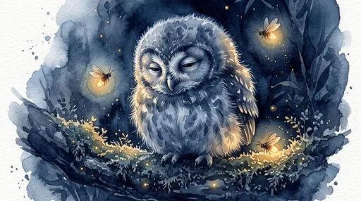 Watercolor Sleepy Baby Owl With Fireflies
