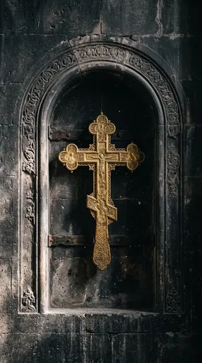 Ornate Gold Cross in Stone Niche