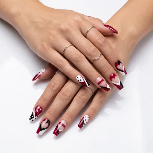 Geometric Red and Black Valentine Nail Art