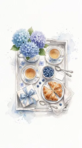 Watercolor Breakfast Tray with Blue Hydrangeas