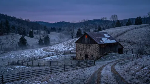 Historic Stone Barn in Frosty Twilight
