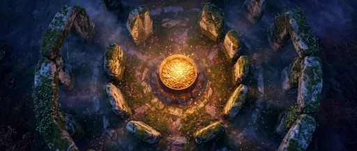 Glowing Cauldron of Gold in Stone Circle
