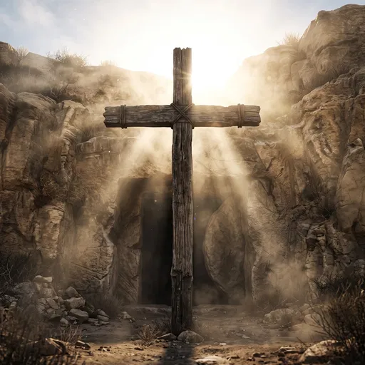 Wooden Cross Outside Open Rock Tomb
