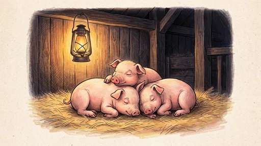 Three Piglets Sleeping in Barn Illustration