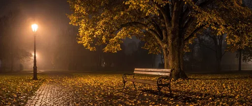 Autumn Park Bench Under Streetlight at Night