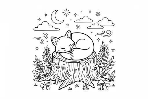 Sleeping Fox on Stump Coloring Page