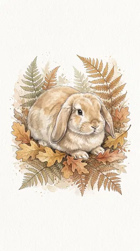 Watercolor Lop Rabbit in Autumn Leaves