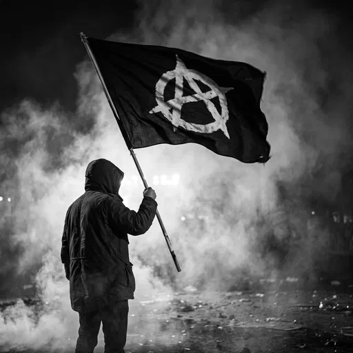 Hooded Figure Holding Anarchy Flag in Smoke