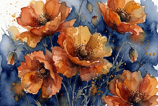 Watercolor Burnt Orange Poppy Flowers