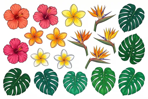 Tropical Flowers and Monstera Clipart Set