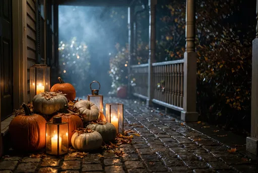 Autumn Porch with Pumpkins and Lanterns