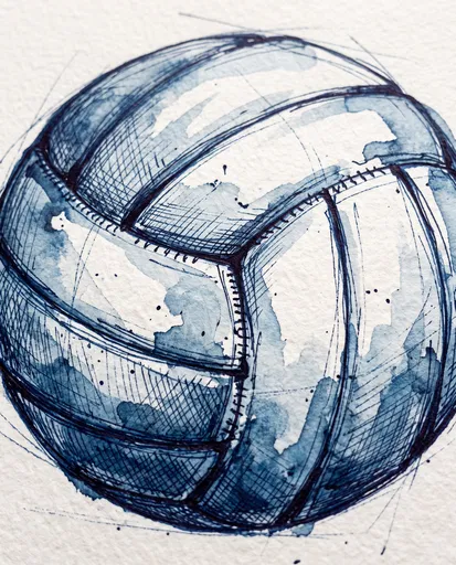 Blue Ink and Wash Volleyball Illustration