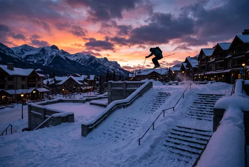 Skier Jumping Over Snowy Urban Stairs