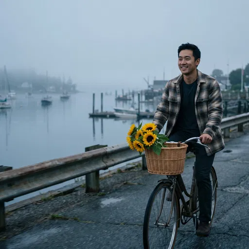 Man Cycling by Misty Harbor with Sunflowers