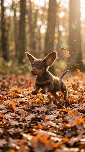 Dachshund Puppy Running Through Autumn Leaves