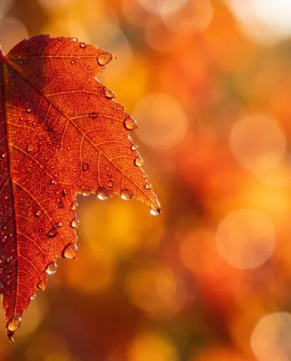 Backlit Red Autumn Leaf With Raindrops