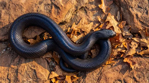 Coiled Indigo Snake on Sandstone and Leaves