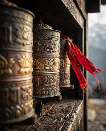 Weathered Brass Prayer Wheels with Red Ribbons