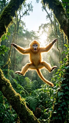 Startled Golden Monkey Leaping in Jungle